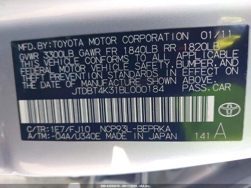 2011 Toyota Yaris VIN: JTDBT4K31BL000184 Lot: 43252215