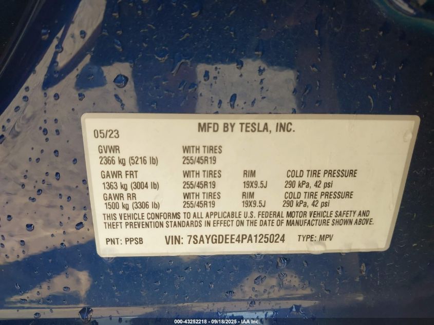 2023 Tesla Model Y Awd/Long Range Dual Motor All-Wheel Drive VIN: 7SAYGDEE4PA125024 Lot: 43252218