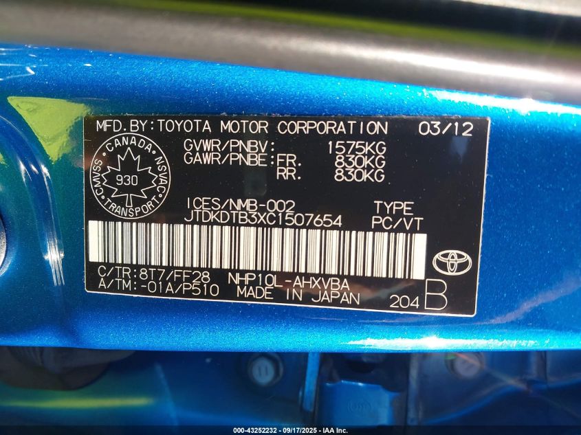 2012 Toyota Prius C Technology VIN: JTDKDTB3XC1507654 Lot: 43252232