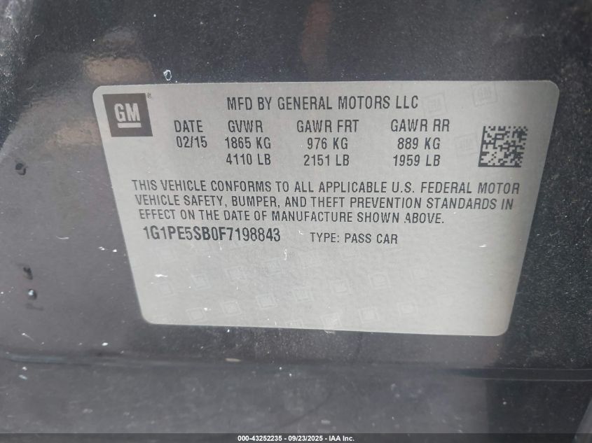 2015 Chevrolet Cruze 2Lt Auto VIN: 1G1PE5SB0F7198843 Lot: 43252235