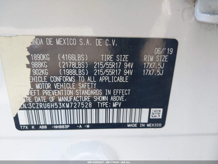 2019 HONDA HR-V EX - 3CZRU6H53KM727528