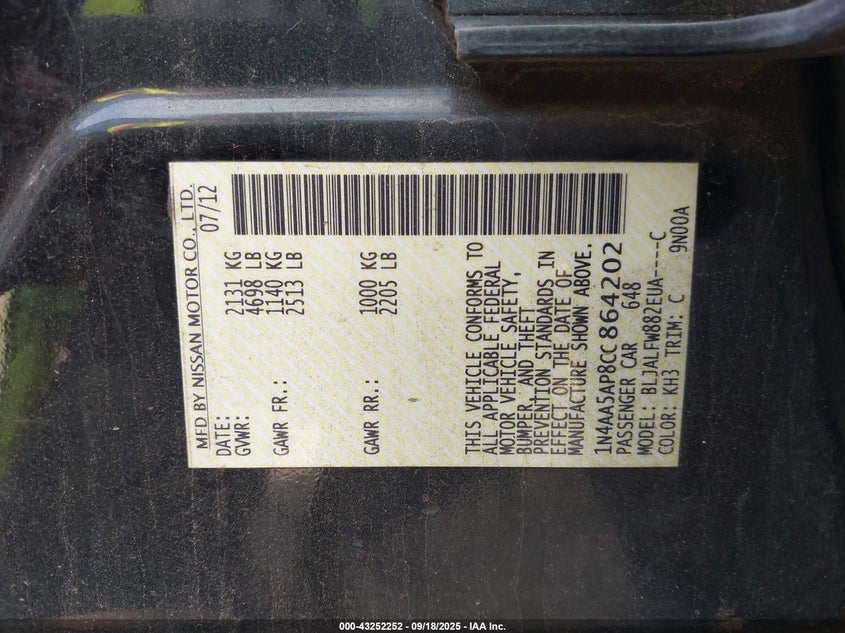 2012 Nissan Maxima 3.5 Sv VIN: 1N4AA5AP8CC864202 Lot: 43252252