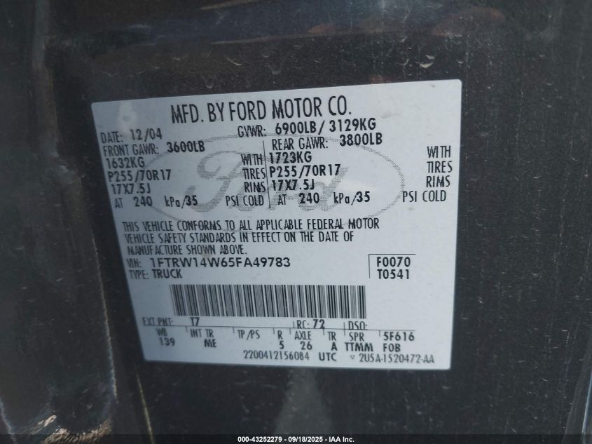 2005 Ford F-150 Xlt VIN: 1FTRW14W65FA49783 Lot: 43252279