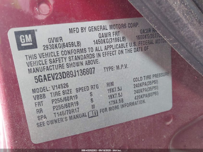 2009 Buick Enclave Cxl VIN: 5GAEV23D89J136807 Lot: 43252283