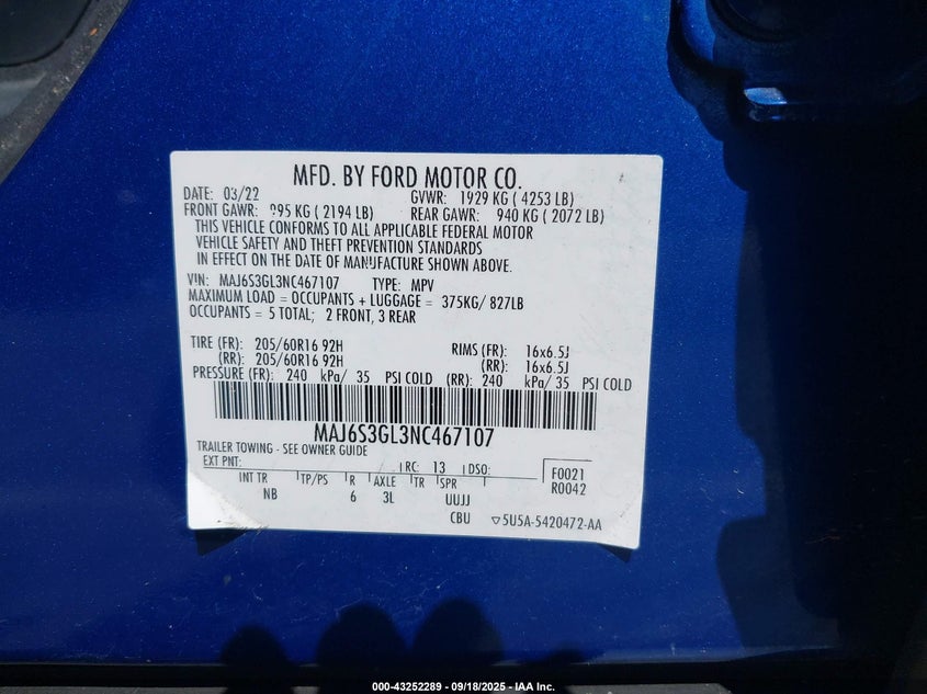 2022 FORD ECOSPORT SE - MAJ6S3GL3NC467107