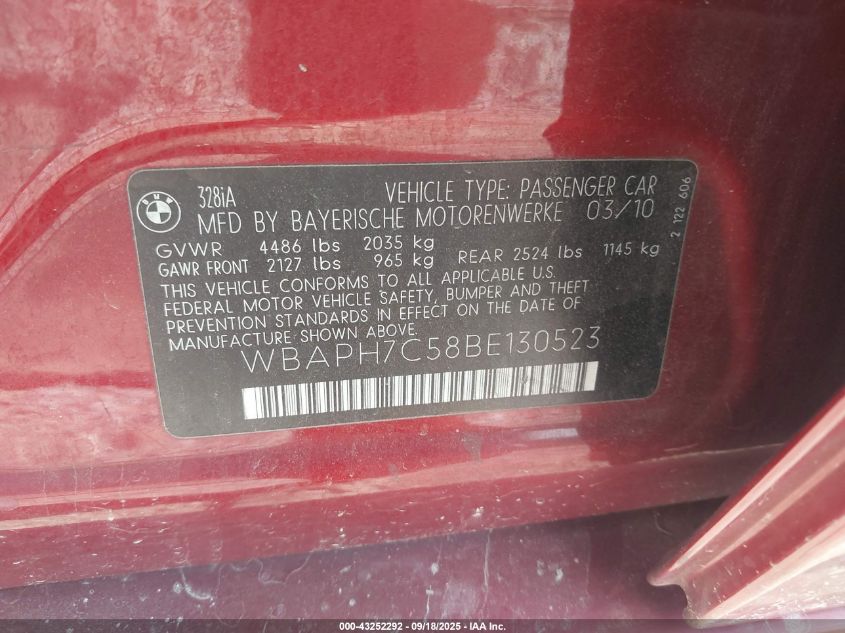 2011 BMW 328I VIN: WBAPH7C58BE130523 Lot: 43252292