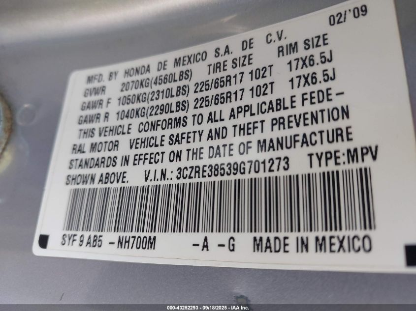 2009 Honda Cr-V Ex VIN: 3CZRE38539G701273 Lot: 43252293