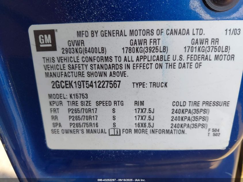 2004 Chevrolet Silverado K1500 VIN: 2GCEK19T541227567 Lot: 43252297