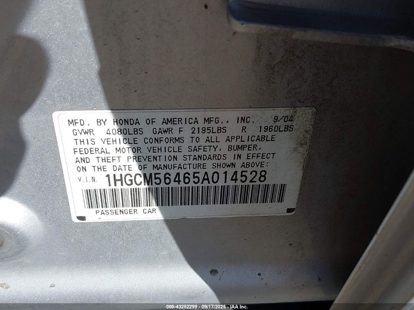 2005 Honda Accord 2.4 Lx VIN: 1HGCM56465A014528 Lot: 43252299
