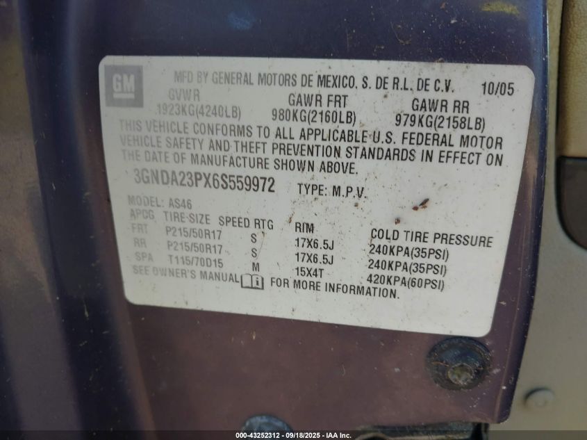 2006 Chevrolet Hhr Lt VIN: 3GNDA23PX6S559972 Lot: 43252312