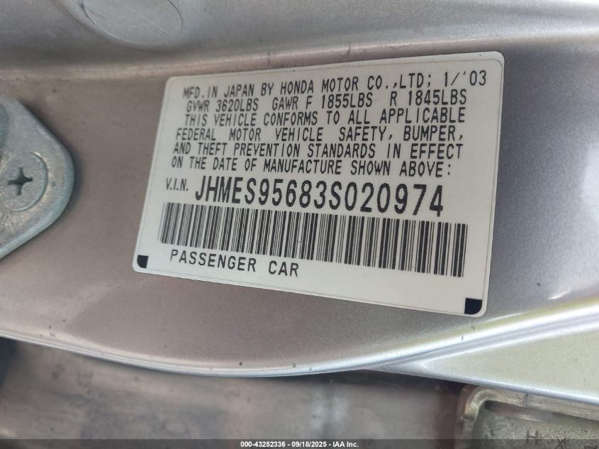 2003 Honda Civic Hybrid VIN: JHMES95683S020974 Lot: 43252336