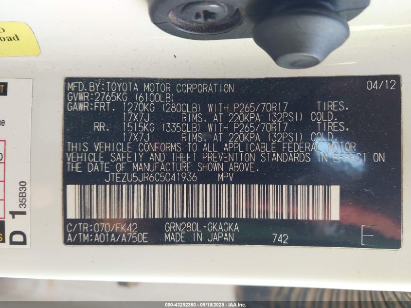 2012 Toyota 4Runner Sr5 VIN: JTEZU5JR6C5041936 Lot: 43252360