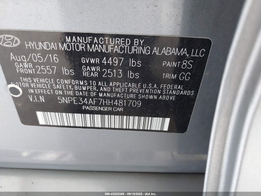 2017 Hyundai Sonata Sport/Limited VIN: 5NPE34AF7HH481709 Lot: 43252369