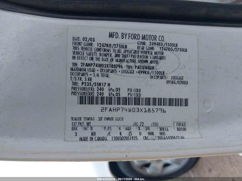 2003 Ford Crown Victoria Lx VIN: 2FAHP74W03X185796 Lot: 43252379