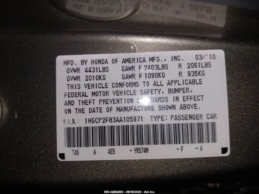 2010 Honda Accord 2.4 Ex-L VIN: 1HGCP2F83AA105971 Lot: 43252383