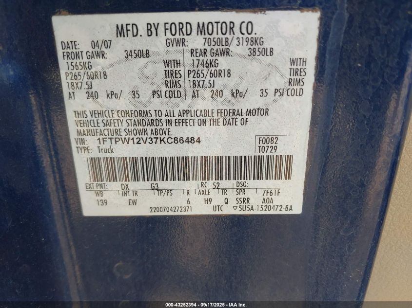 2007 Ford F-150 Lariat/Xlt VIN: 1FTPW12V37KC86484 Lot: 43252394