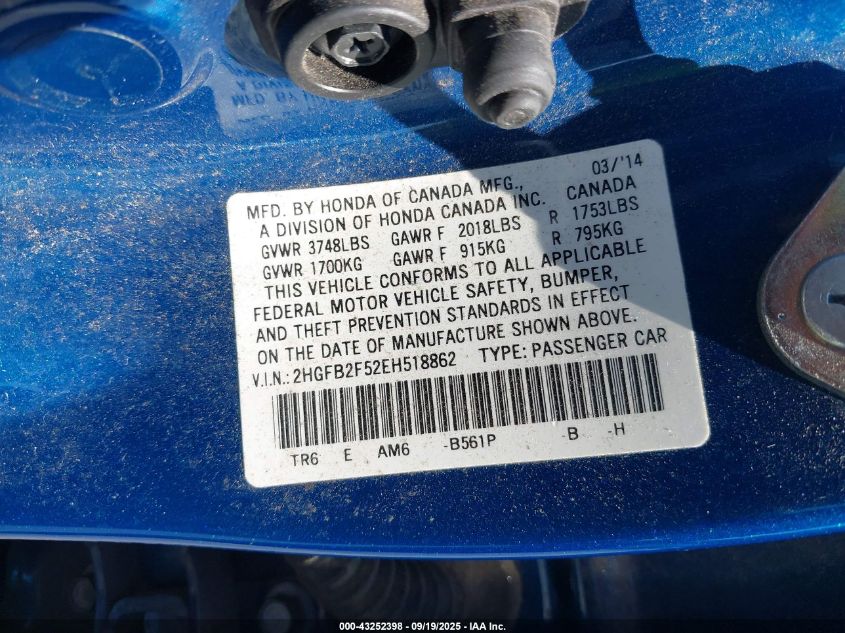 2014 Honda Civic Lx VIN: 2HGFB2F52EH518862 Lot: 43252398