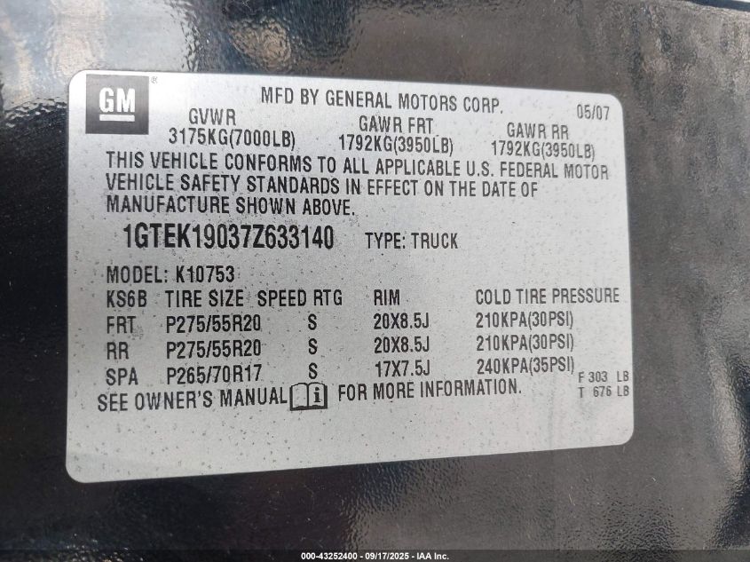 2007 GMC Sierra 1500 Slt VIN: 1GTEK19037Z633140 Lot: 43252400