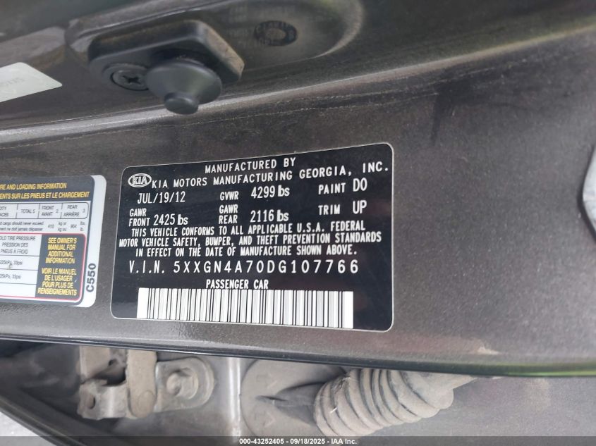 2013 Kia Optima Ex VIN: 5XXGN4A70DG107766 Lot: 43252405