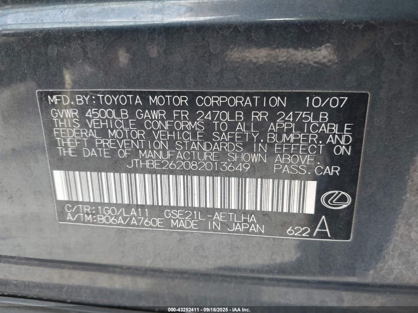 2008 Lexus Is 350 VIN: JTHBE262082013649 Lot: 43252411