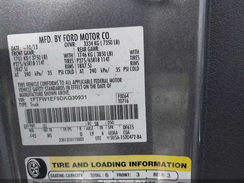 2013 Ford F-150 Xlt VIN: 1FTFW1EF9DKG30931 Lot: 43252415