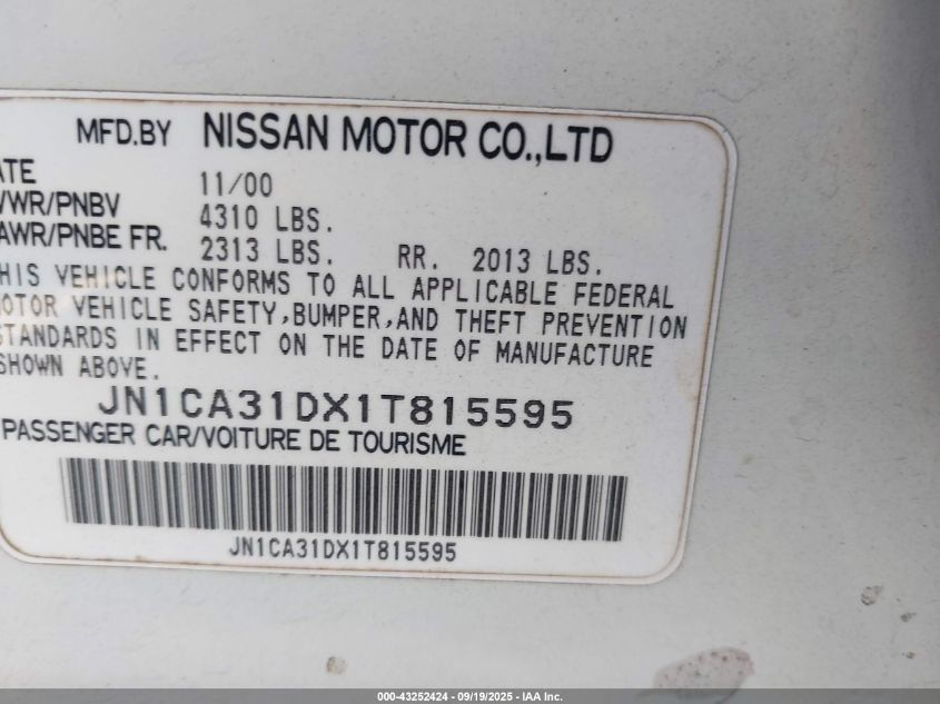 2001 Nissan Maxima Se VIN: JN1CA31DX1T815595 Lot: 43252424