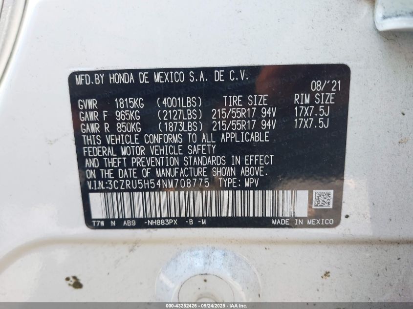 2022 Honda Hr-V 2Wd Ex VIN: 3CZRU5H54NM708775 Lot: 43252426