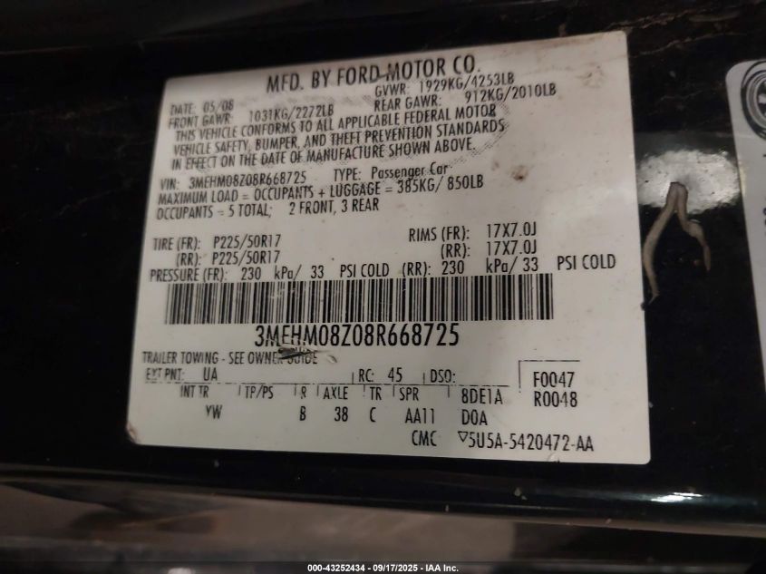 2008 Mercury Milan I4 Premier VIN: 3MEHM08Z08R668725 Lot: 43252434