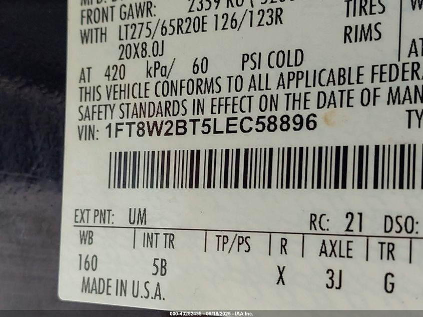 2020 Ford F-250 Lariat VIN: 1FT8W2BT5LEC58896 Lot: 43252435