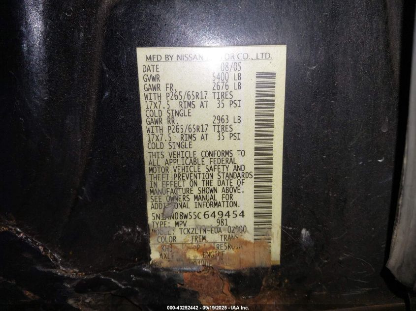 2005 Nissan Xterra Se VIN: 5N1AN08W55C649454 Lot: 43252442