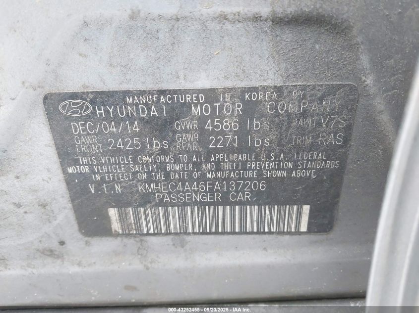 2015 Hyundai Sonata Hybrid VIN: KMHEC4A46FA137206 Lot: 43252455