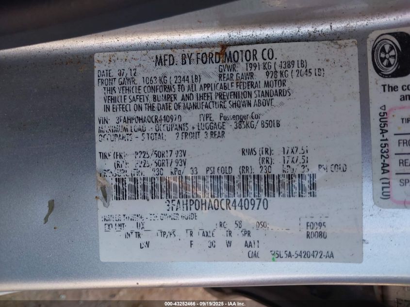 2012 Ford Fusion Se VIN: 3FAHP0HA0CR440970 Lot: 43252466