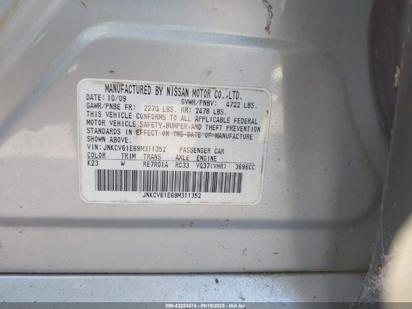 2009 Infiniti G37 Journey VIN: JNKCV61E69M311352 Lot: 43252474