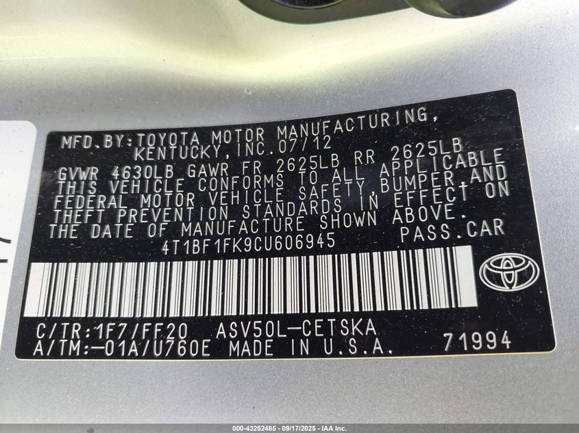 2012 Toyota Camry Se VIN: 4T1BF1FK9CU606945 Lot: 43252485