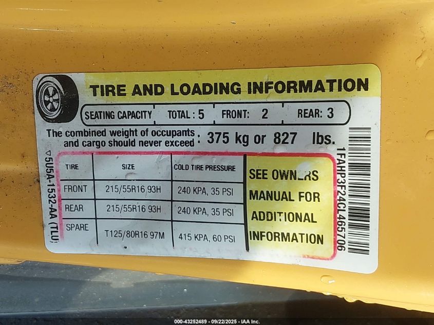 2012 Ford Focus Se VIN: 1FAHP3F24CL465706 Lot: 43252489