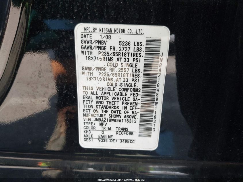 2009 Nissan Murano S VIN: JN8AZ18W89W116313 Lot: 43252494