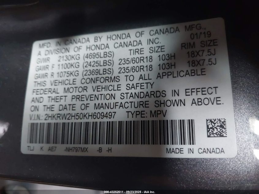2019 Honda Cr-V Ex VIN: 2HKRW2H50KH609497 Lot: 43252511