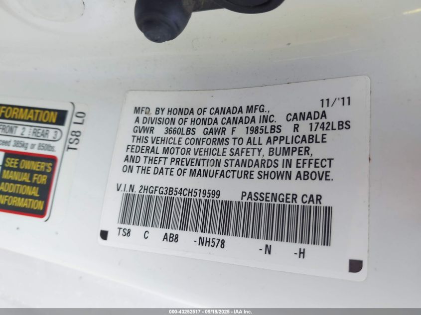 2012 Honda Civic Lx VIN: 2HGFG3B54CH519599 Lot: 43252517
