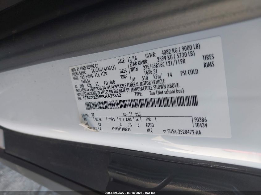 2019 Ford Transit-350 Xlt VIN: 1FBZX2ZM6KKA25842 Lot: 43252522