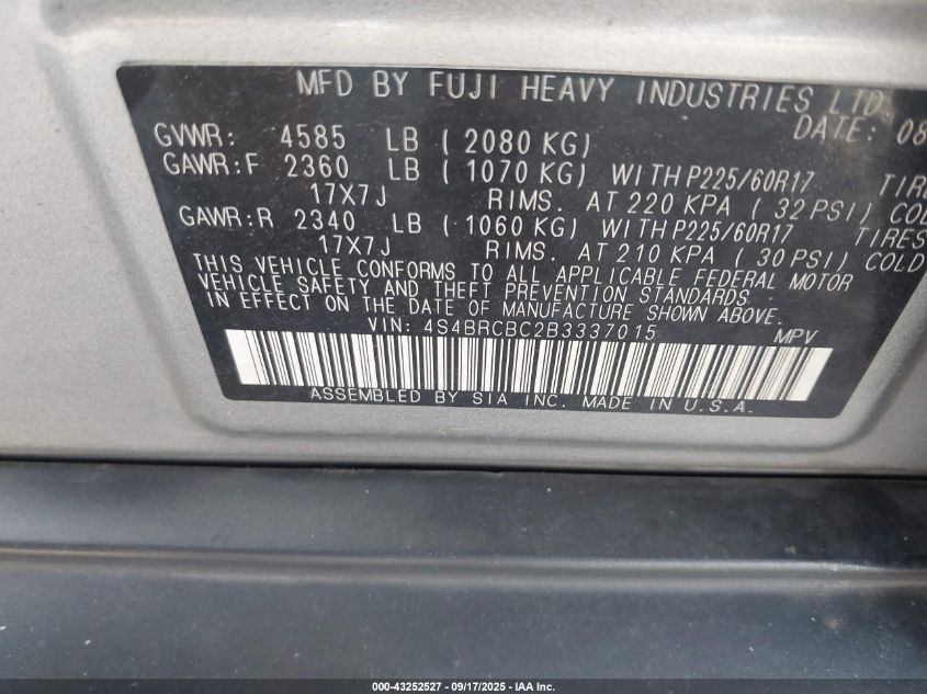 2011 Subaru Outback 2.5I Premium VIN: 4S4BRCBC2B3337015 Lot: 43252527