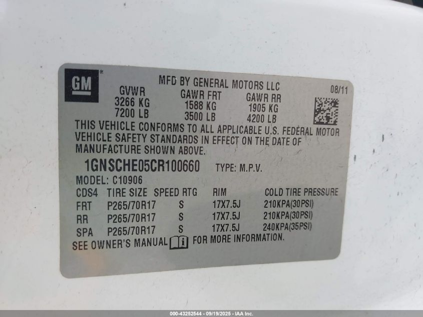 2012 Chevrolet Suburban 1500 Ls VIN: 1GNSCHE05CR100660 Lot: 43252544