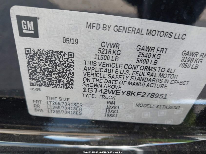 2019 GMC Sierra 3500Hd Denali VIN: 1GT42WEY8KF278951 Lot: 43252545