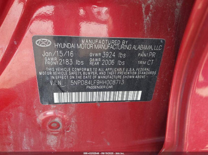 2017 Hyundai Elantra Limited VIN: 5NPD84LF9HH008713 Lot: 43252546