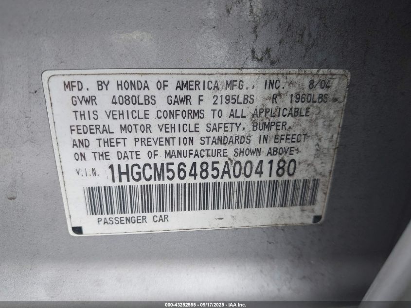 2005 Honda Accord 2.4 Lx VIN: 1HGCM56485A004180 Lot: 43252555