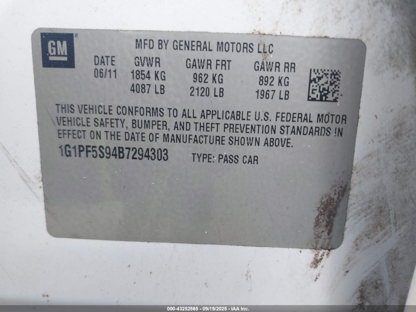 2011 Chevrolet Cruze 1Lt VIN: 1G1PF5S94B7294303 Lot: 43252565