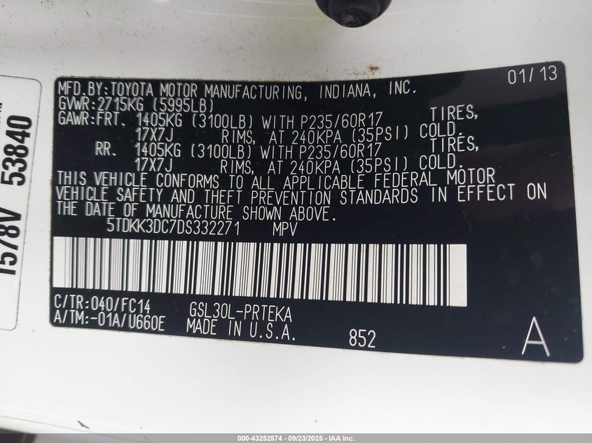 2013 TOYOTA SIENNA LE V6 8 PASSENGER - 5TDKK3DC7DS332271