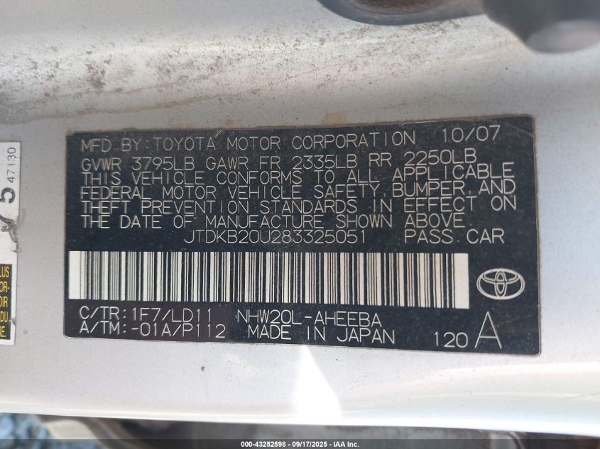 2008 Toyota Prius VIN: JTDKB20U283325051 Lot: 43252598