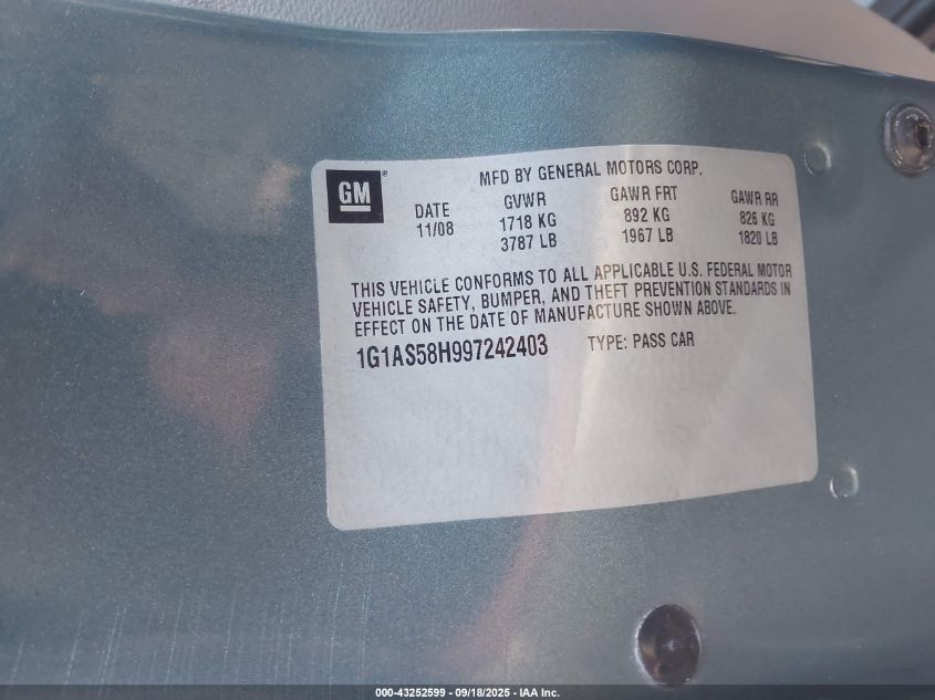 2009 Chevrolet Cobalt Ls VIN: 1G1AS58H997242403 Lot: 43252599