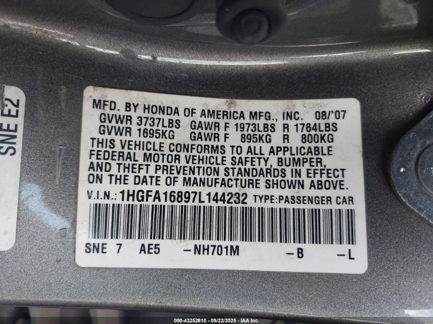 2007 Honda Civic Ex VIN: 1HGFA16897L144232 Lot: 43252610