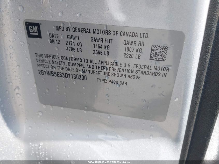 2013 Chevrolet Impala Lt VIN: 2G1WB5E33D1130300 Lot: 43252613